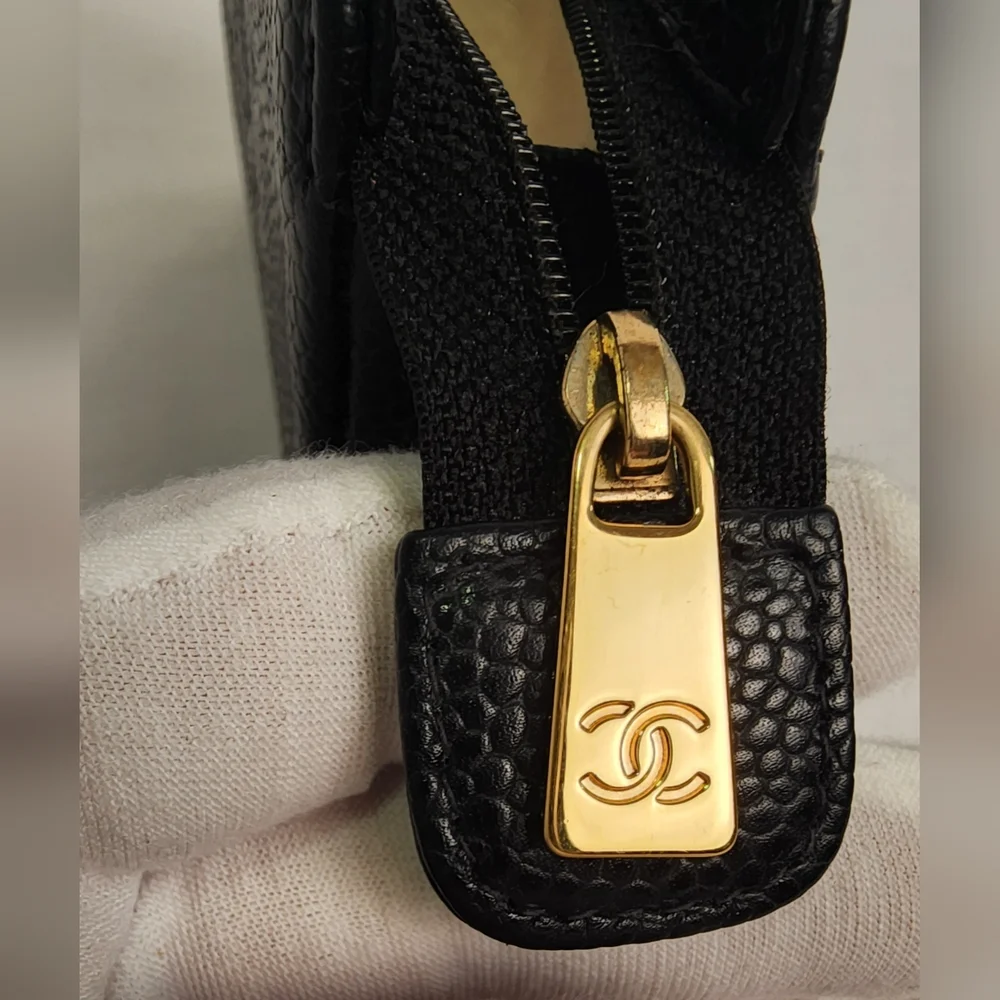 Authentic CHANEL Black Caviar Leather Zip Pouch Cosmetic Card Case